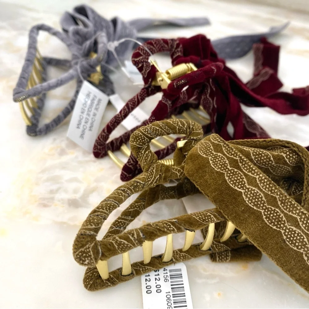 Anthropologie Set of 3 Ribbon Gold Claw Hair Clips Olive + Gray + Burgundy NWT